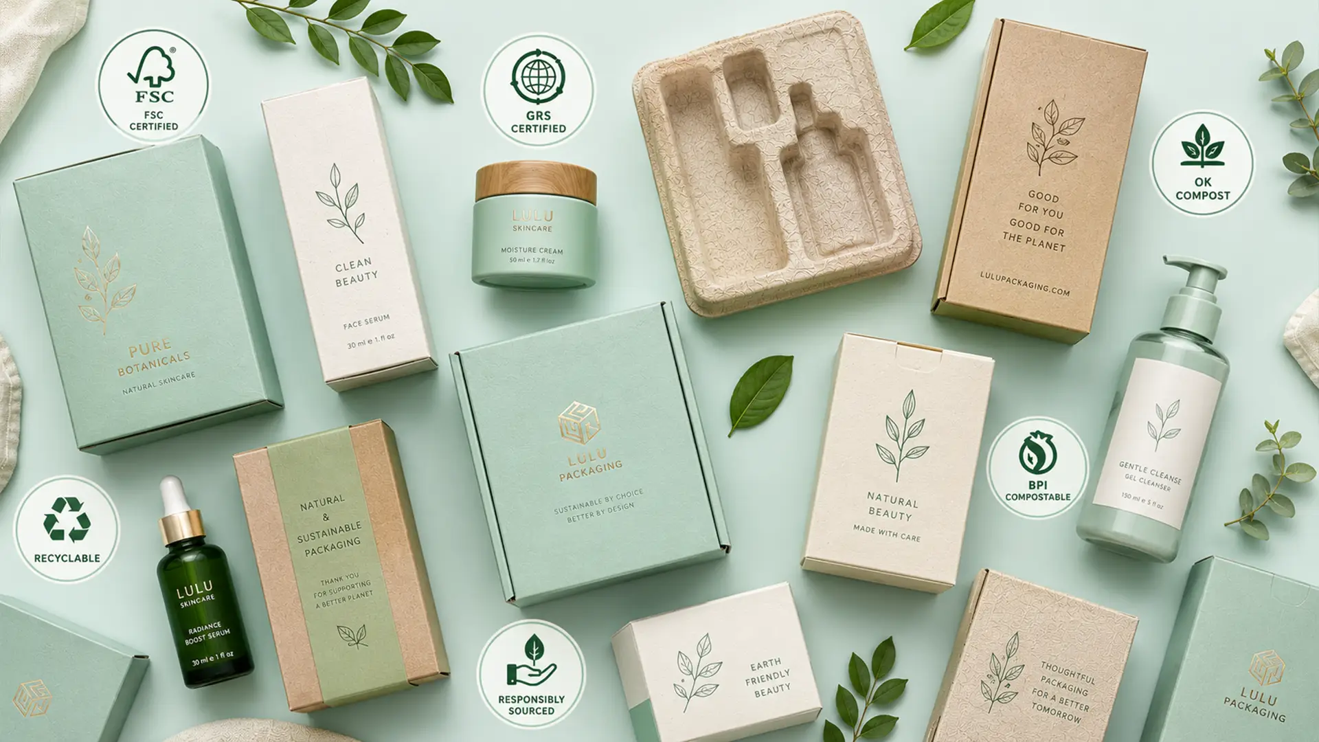 Premium sustainable cosmetic packaging flat lay featuring FSC, GRS, OK Compost, BPI Compostable, Recyclable, and Responsibly Sourced certifications with eco-friendly beauty packaging by LuLu Packaging.