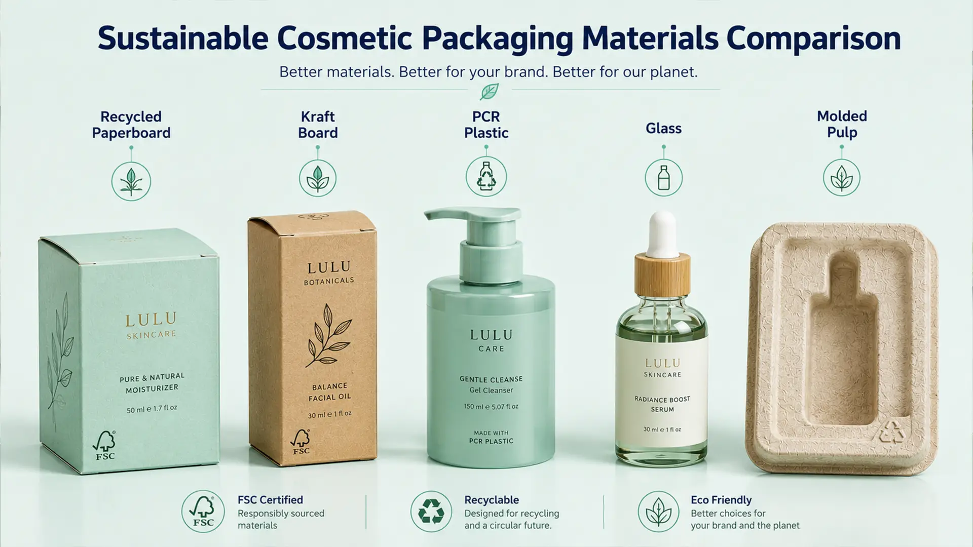 Comparison of sustainable cosmetic packaging materials including recycled paperboard box, kraft folding carton, PCR plastic bottle, glass serum bottle, and molded pulp insert displayed in a premium studio layout for beauty brands.