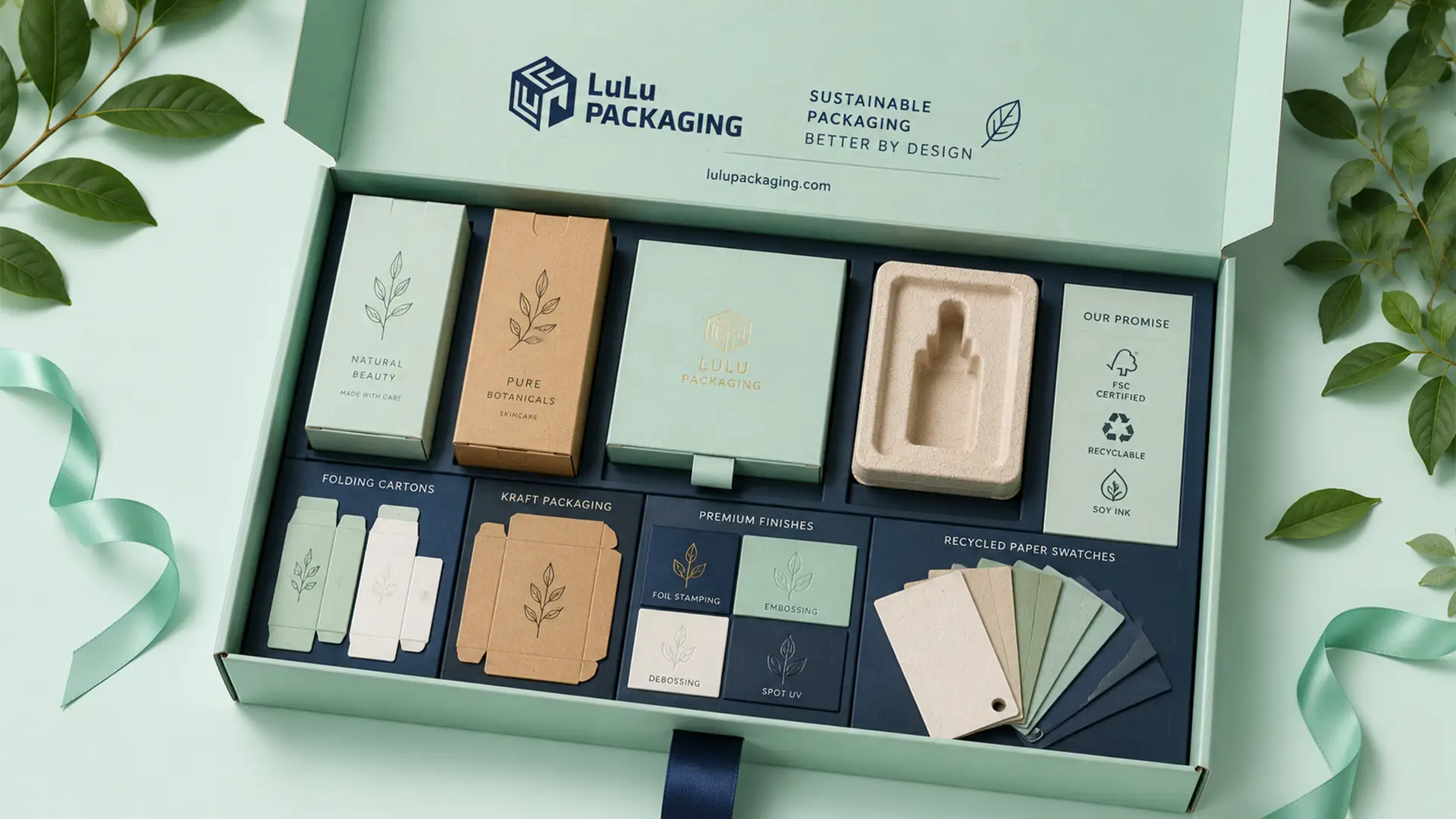 Premium eco-friendly cosmetic packaging sample kit by LuLu Packaging featuring folding cartons, kraft boxes, rigid box, molded pulp insert, recycled paper swatches, and sustainable printing finish samples for beauty brands.