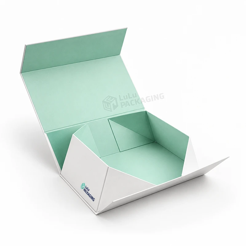 White collapsible foldable rigid box with a mint green interior and raised lid, shown open with the LuLu Packaging logo