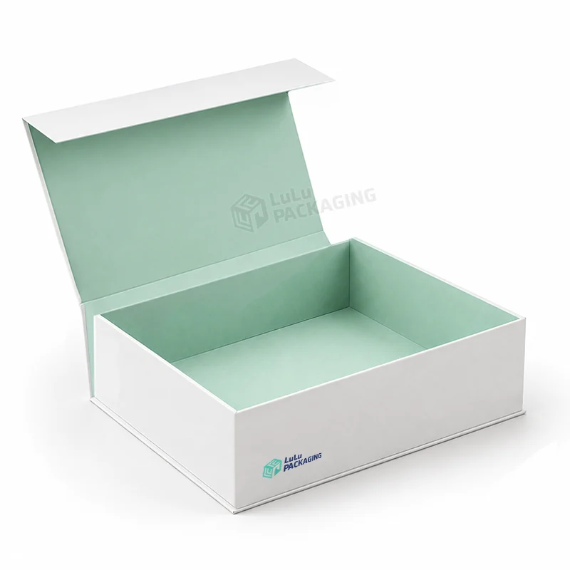 White flip-top magnetic lock rigid box with a mint green interior and hinged lid open, with the LuLu Packaging logo