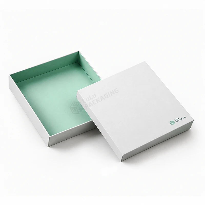 White lift-off detachable lid rigid box with a mint green interior, lid set beside the base, with the LuLu Packaging logo