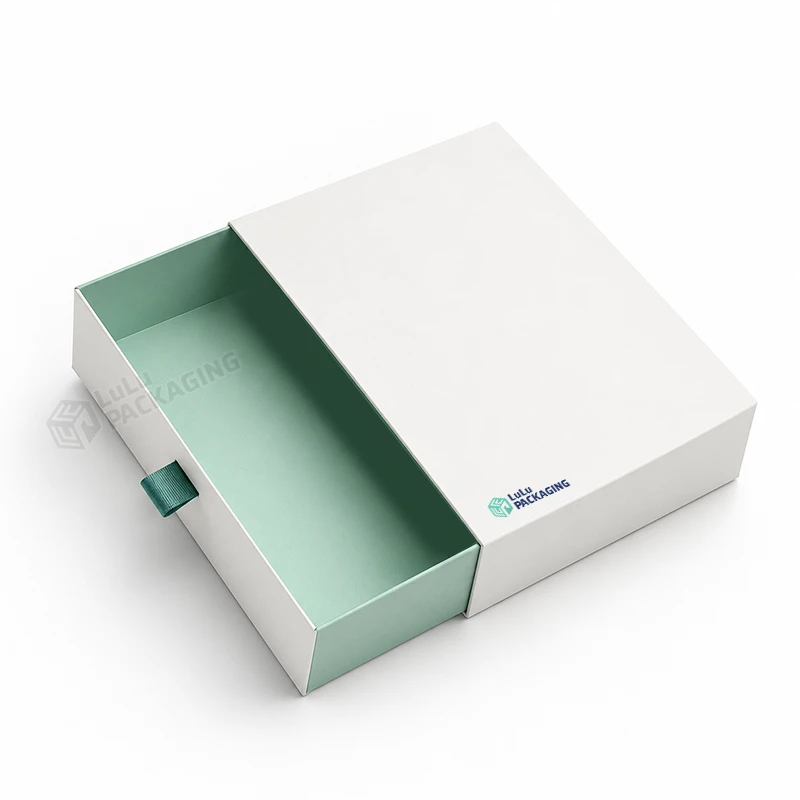 White match slide style rigid box with a mint green interior, tray pulled out by a green ribbon, with the LuLu Packaging logo