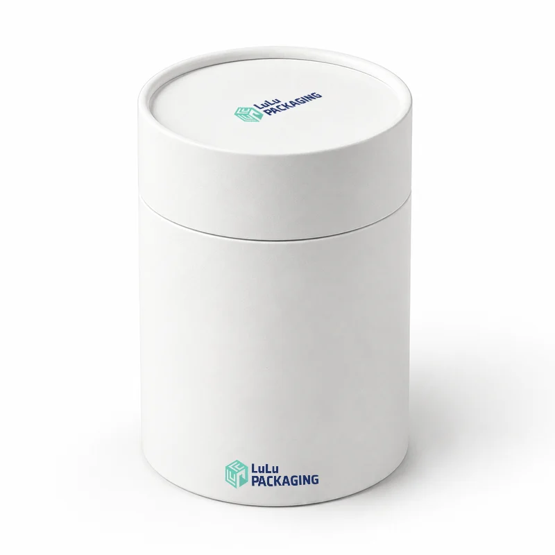 White round shaped rigid box with a fitted lid and the LuLu Packaging logo on the lid and front