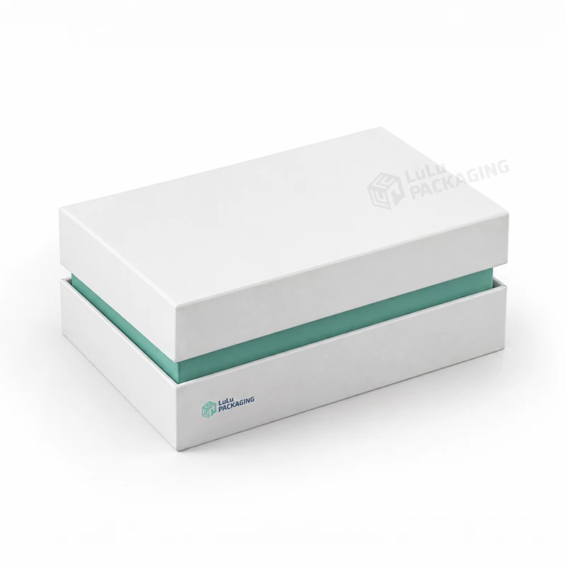 White shoulder neck rigid box with a mint green raised neck between the lid and base, with the LuLu Packaging logo