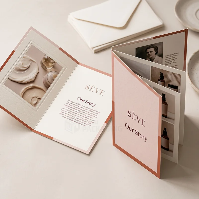 Open 'Our Story' card with cream texture photo beside an accordion-fold story card showing product photos
