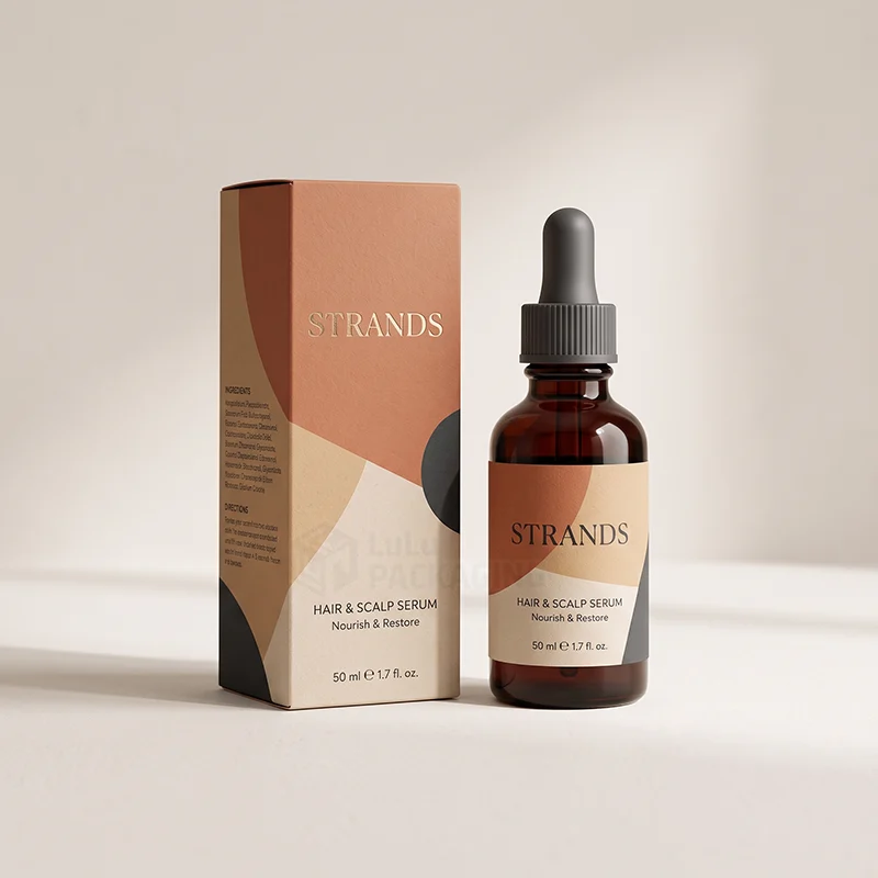Hair and scalp serum box with abstract terracotta print beside an amber dropper bottle