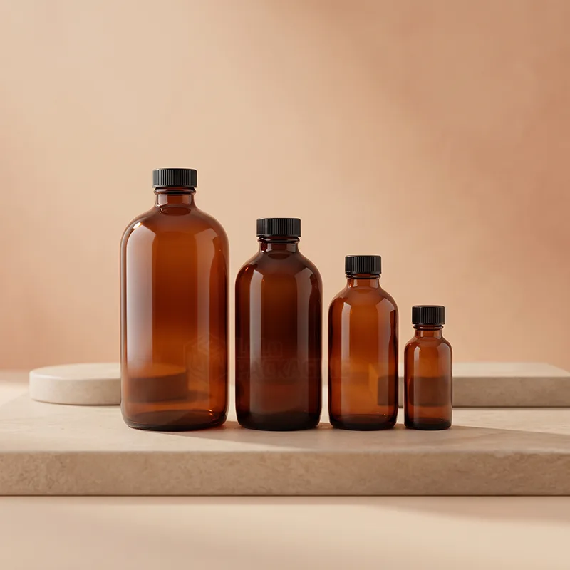 Four amber glass Boston round bottles in graduated sizes with black screw caps