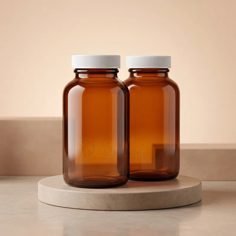 Two wide-mouth amber glass bottles with white ribbed screw caps on a round stone stand