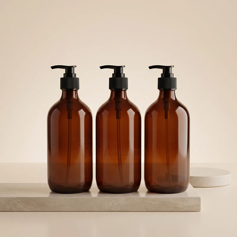 Three amber glass bottles with black lotion pumps lined up on a stone shelf