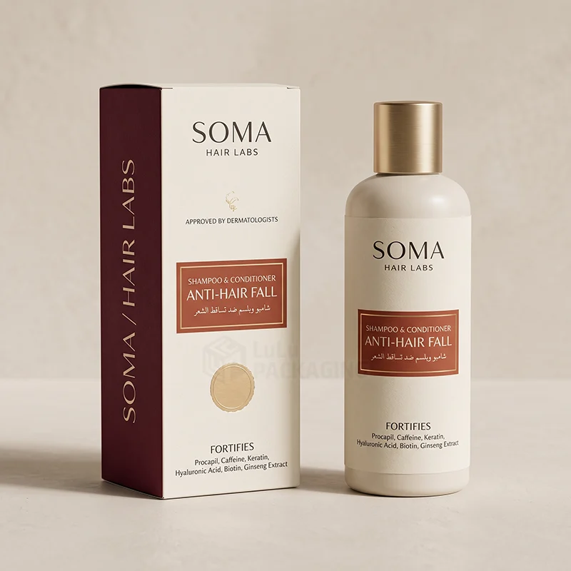 Cream and burgundy anti hair fall conditioner box standing next to a gold-capped bottle