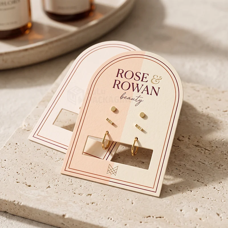 Arch-shaped earring cards with a cut-out window holding gold studs and small hoops