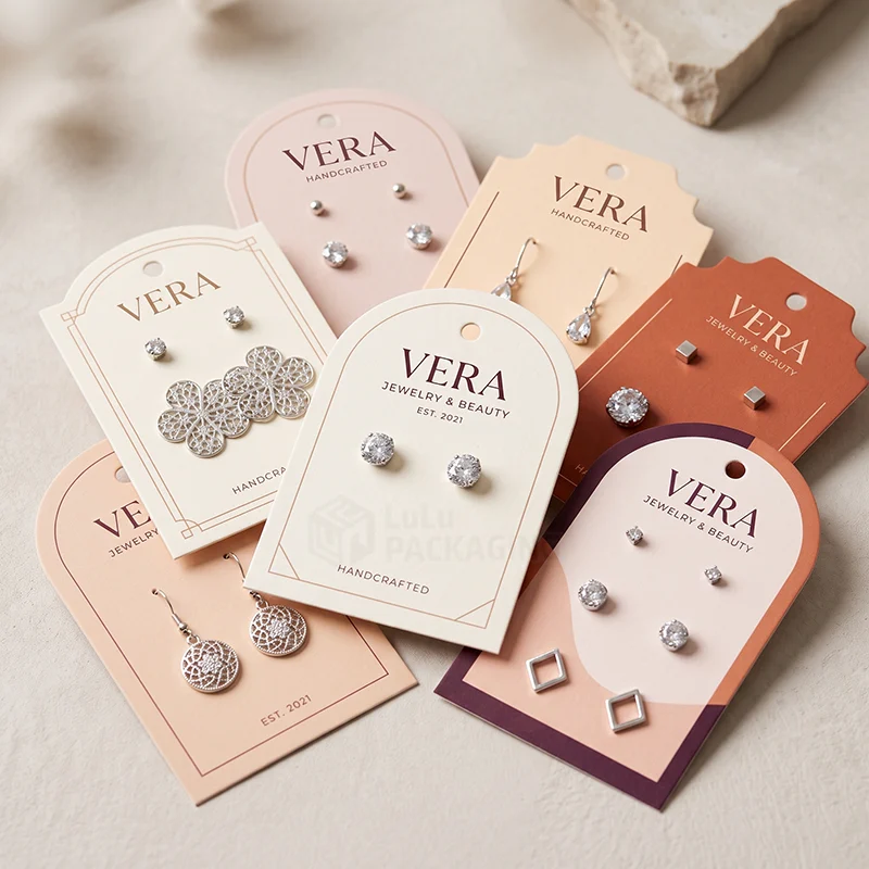 Arch and tag-shaped jewellery display cards in warm colours holding stud and drop earrings