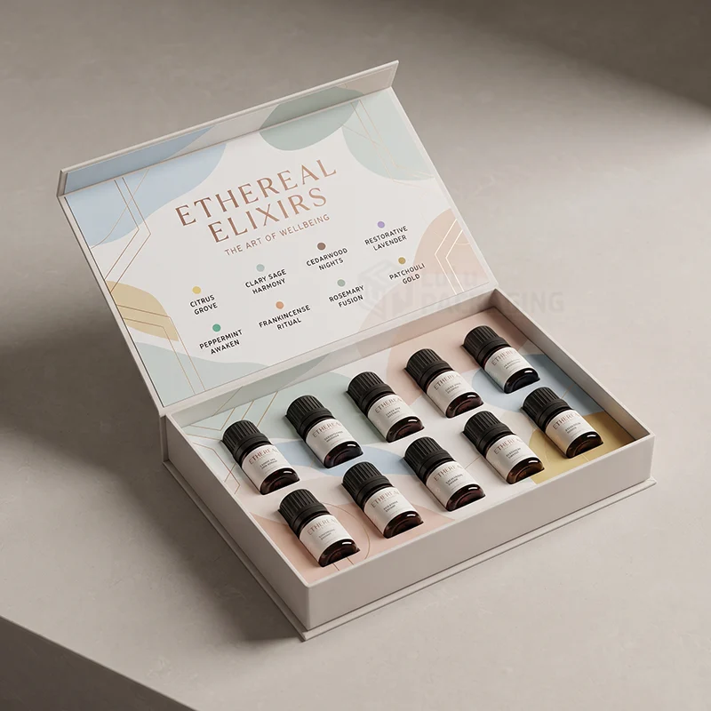 White magnetic aromatherapy gift box open to show ten oil bottles in a printed insert