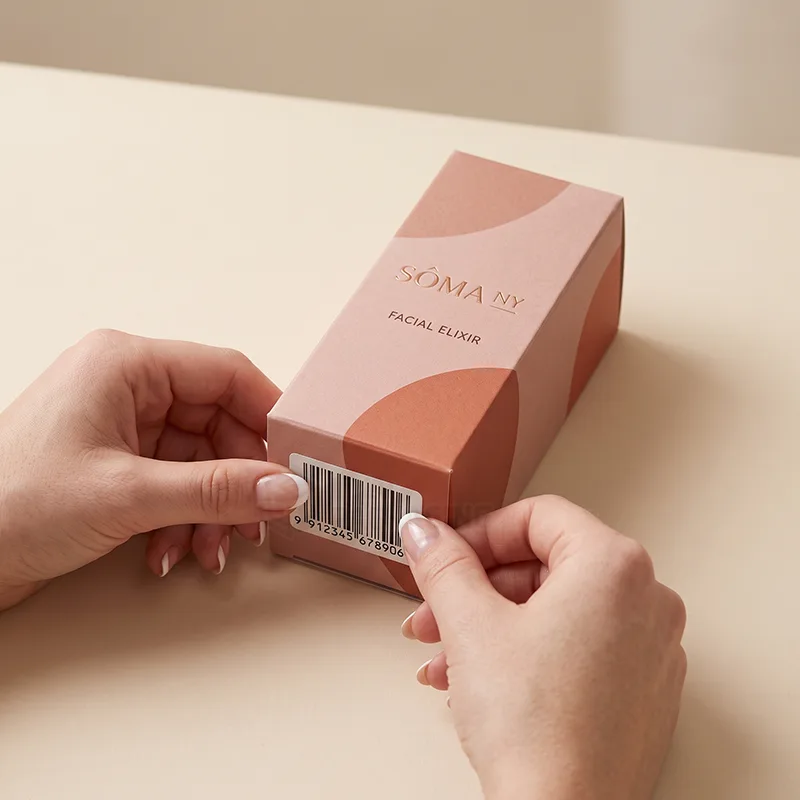 Two hands smoothing a small barcode label onto the base of a pink facial elixir carton