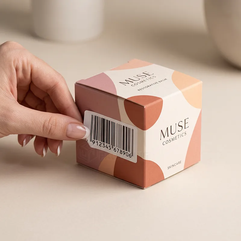 Hand pressing a white barcode label onto the side of a patterned skincare carton