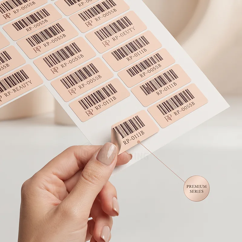 Hand holding a sheet of peach barcode labels with SKU codes, one label half peeled from the backing