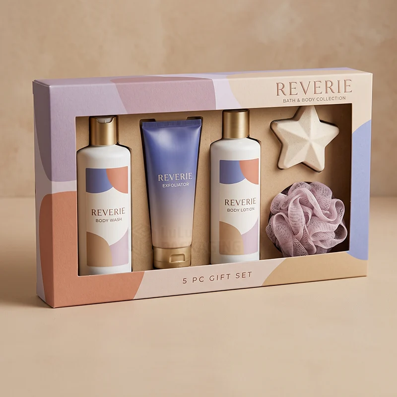 Pastel window gift box holding body wash, lotion, a star bath bomb and a bath pouf