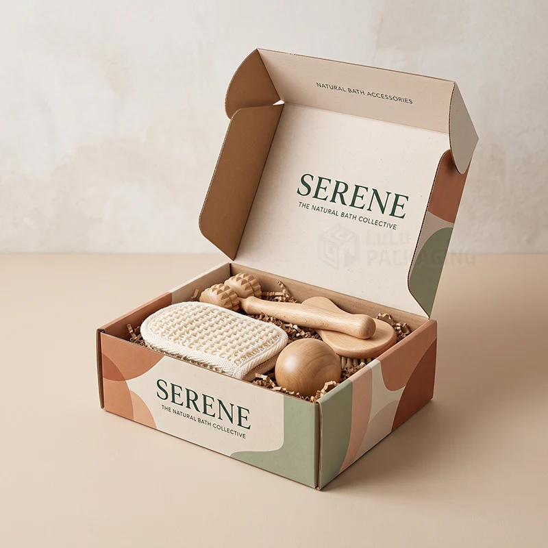 Printed mailer box open with a loofah mitt, wooden massager, brush and ball on kraft shred