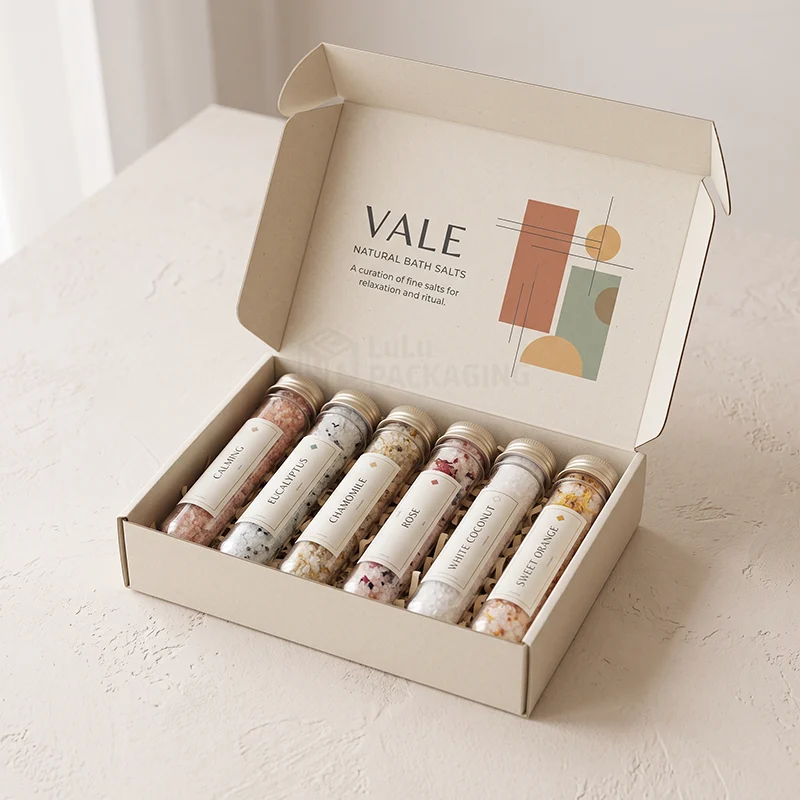 Kraft-style bath salt mailer box holding six labelled glass tubes of salts