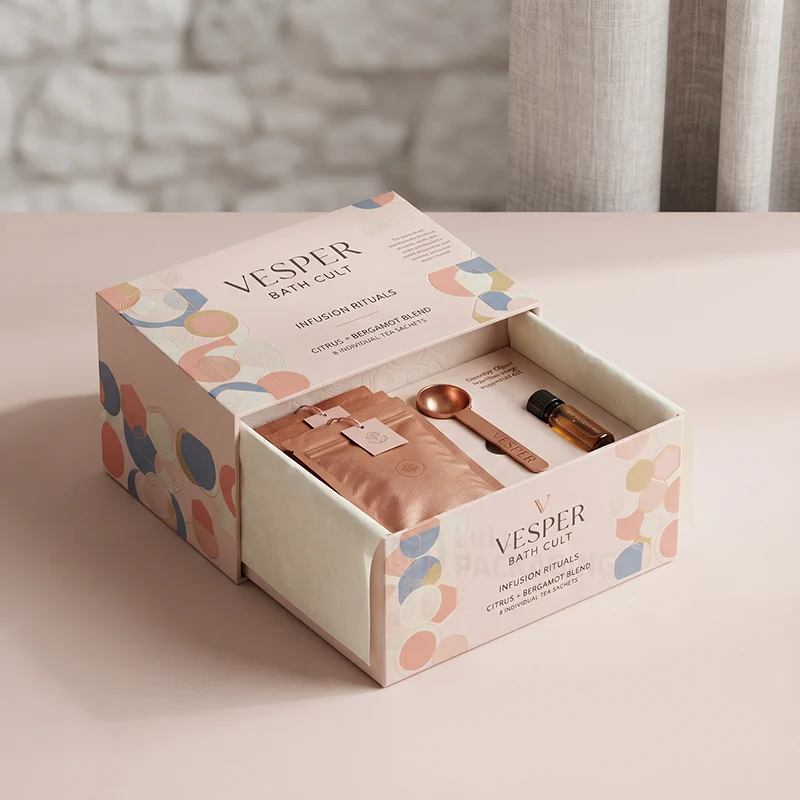 Printed bath tea drawer box holding tea sachets, a copper scoop and an oil vial