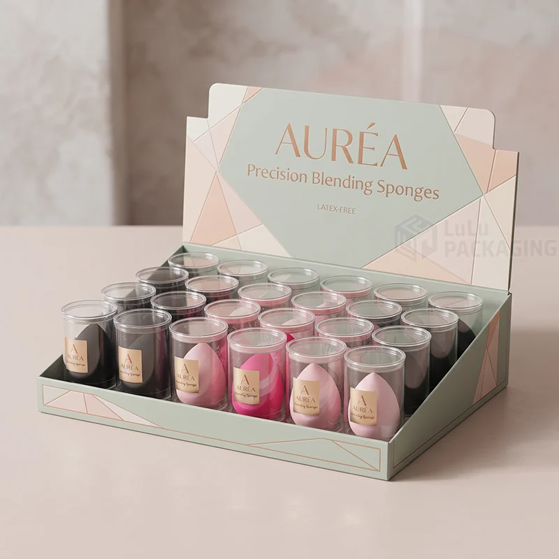 Counter display box holding rows of makeup sponges in clear tubes