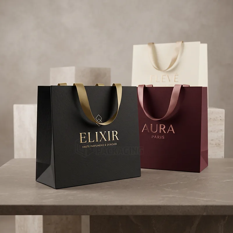 Black, burgundy and cream luxury paper bags with satin ribbon handles and foil logos