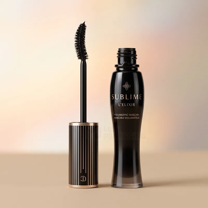 Black mascara tube with a printed logo beside the open wand