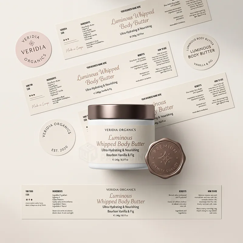 Cream wrap labels and round seals for body butter around a white jar with a bronze wax seal