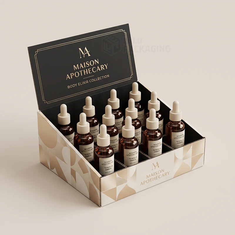 Counter display box with a black printed header holding twelve body oil dropper bottles