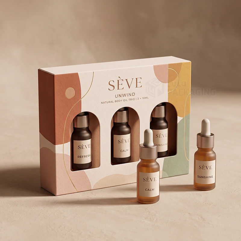 Printed body oil trio box with three arched windows and two dropper bottles in front