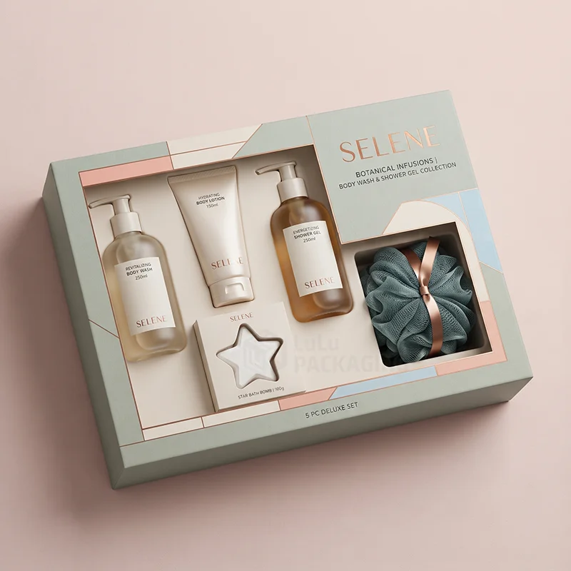 Sage body wash and shower gel gift set box with a window insert, bath bomb and pouf