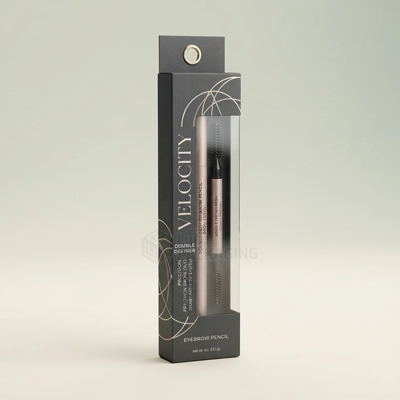Dark grey hang tab brow pencil box with a window showing a double ended pencil