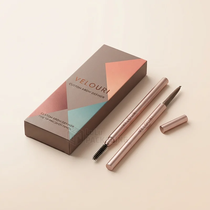 Slim colour block brow pencil box with rose gold foil beside two pencils with spoolie