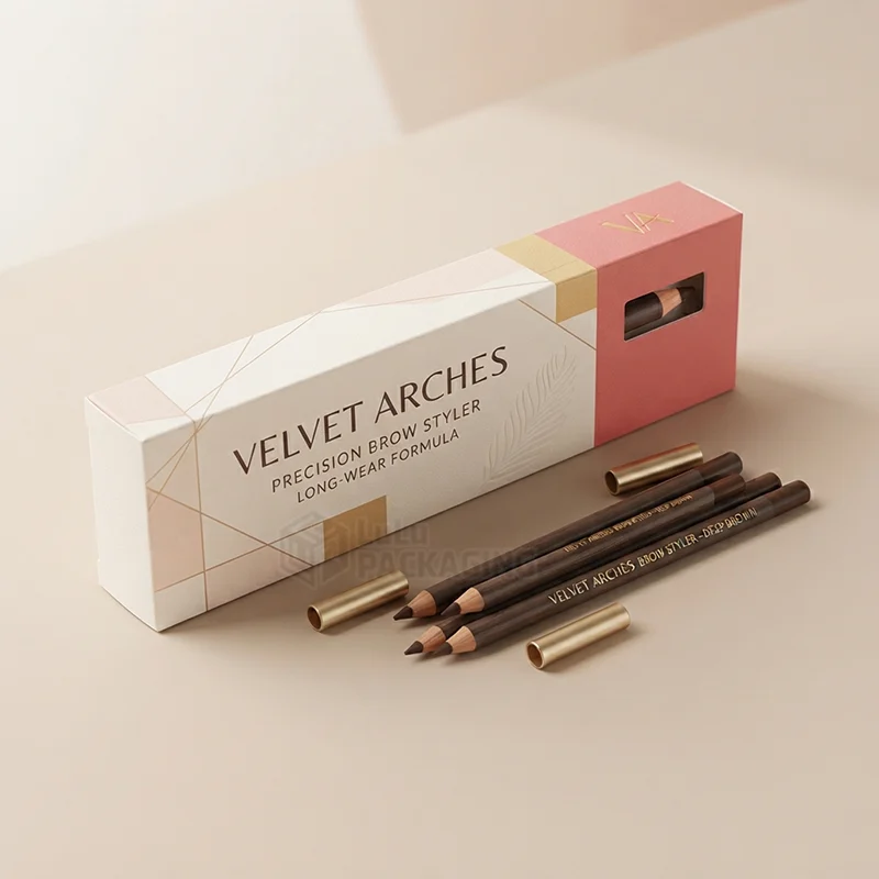Long white and pink brow pencil box with a small window beside four wooden pencils
