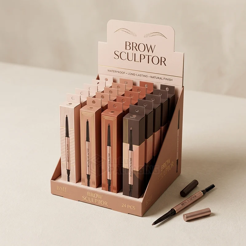 Counter display holding rows of slim brow pencil boxes in four shades with a pencil in front