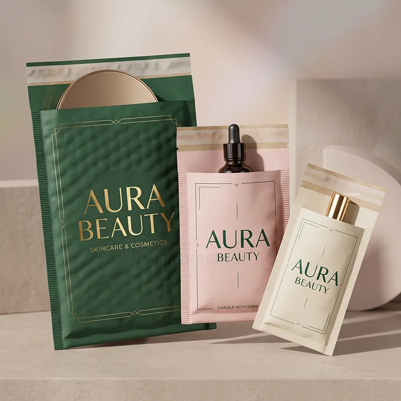 Green, pink and cream bubble mailers in three sizes holding skincare products
