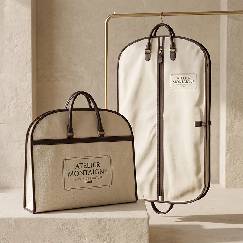 Canvas garment dust bag and carry case with brown leather trim and a printed logo