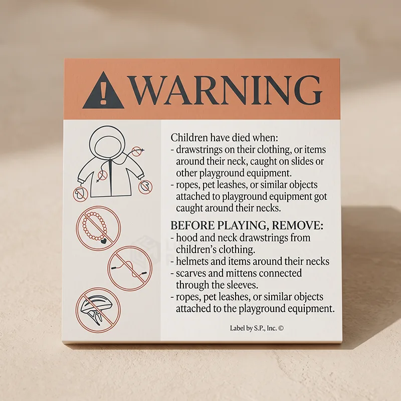 Large printed warning label with child drawstring safety icons and instructions before playing