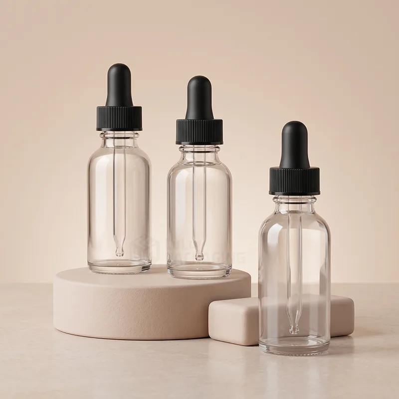 Three clear glass dropper bottles with black droppers on beige stone display blocks