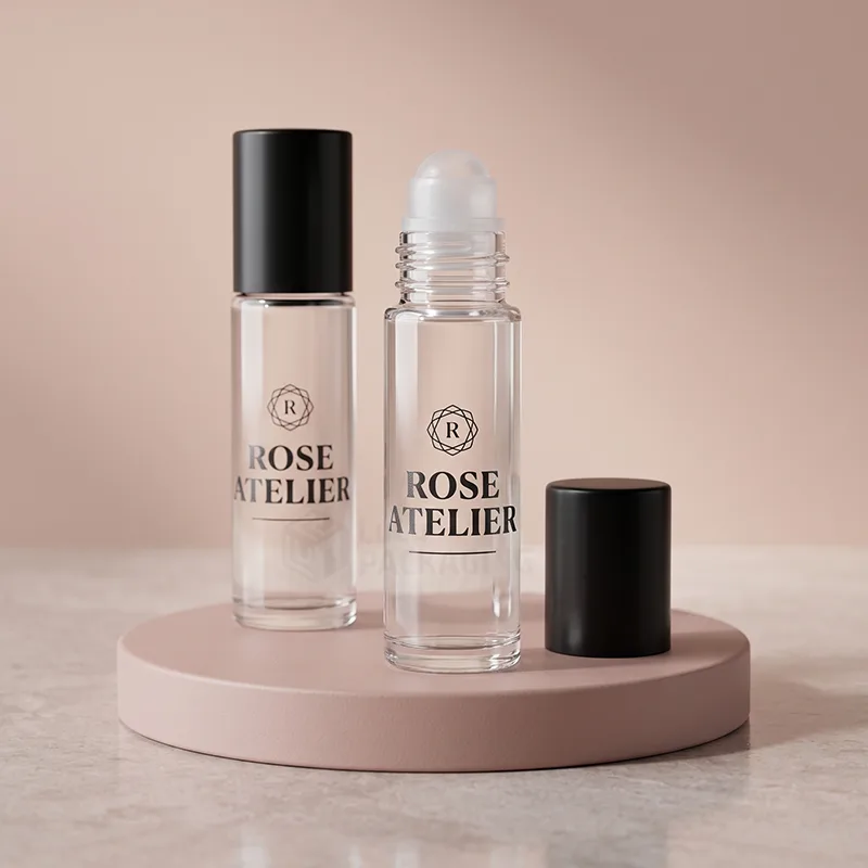 Two clear glass roll-on bottles with black caps, one open showing the roller ball
