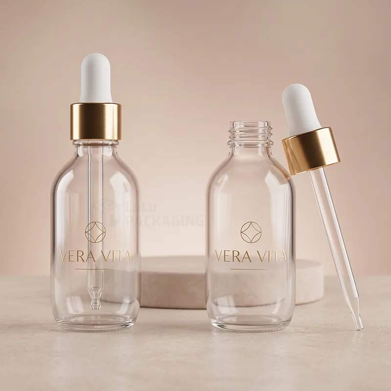 Two clear glass serum bottles with gold and white droppers and a gold printed logo