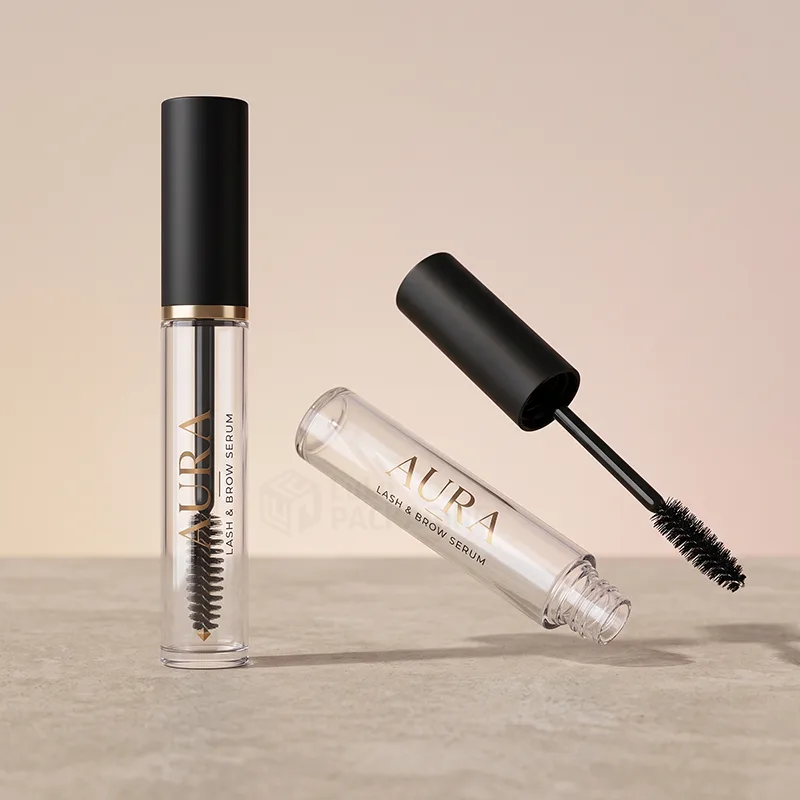 Clear mascara tubes with black caps and gold printing for a lash and brow serum