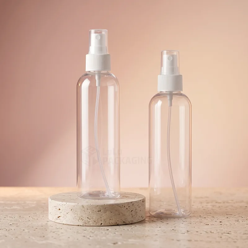 Tall and short clear fine mist spray bottles with white sprayers on a travertine stand