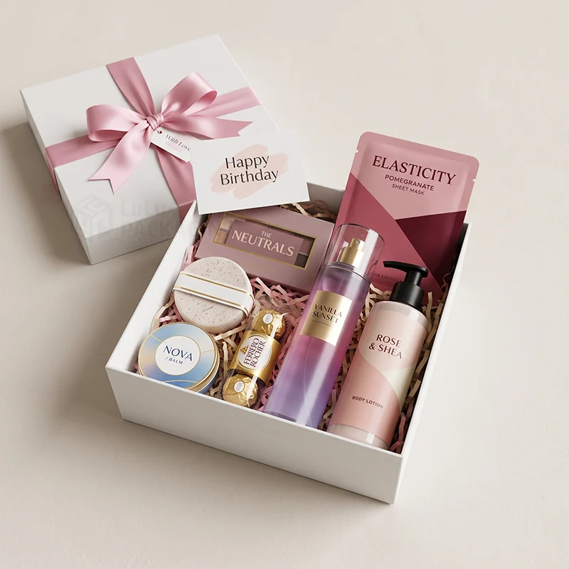 Pink printed mailer box holding brushes, an eyeshadow palette, lip gloss and blush
