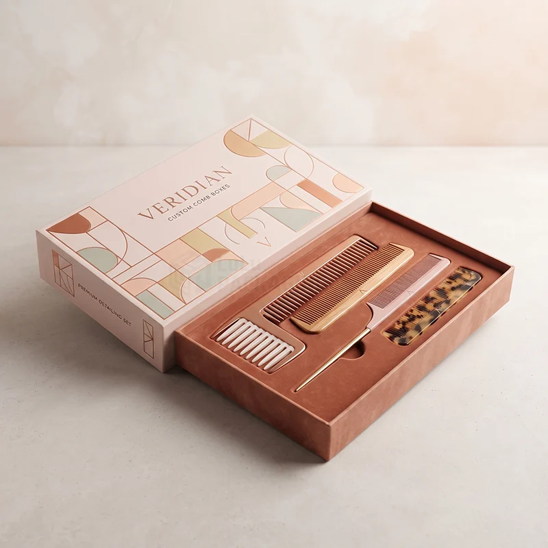 Printed comb gift set box with lid open showing four combs in a velvet insert