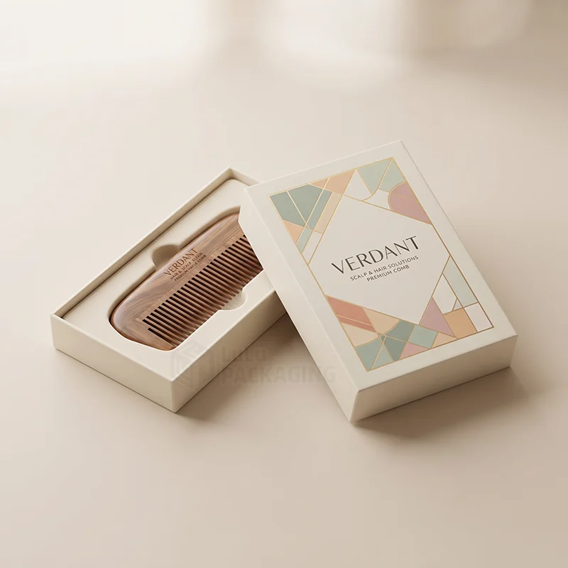 Two piece comb box with geometric foil lid and a wooden comb in a die-cut insert
