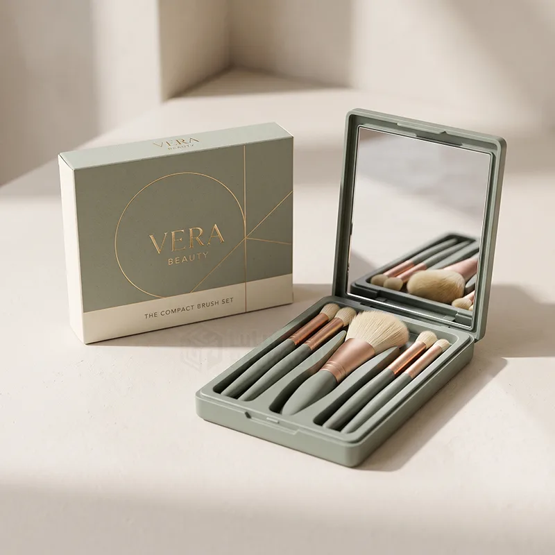 Sage green mirrored compact case holding a mini makeup brush set beside its box