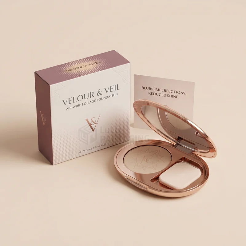 White and mauve compact box with foil logo beside an open rose gold compact and card