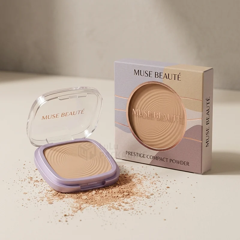 Pastel compact powder box with round window beside an open compact and loose powder